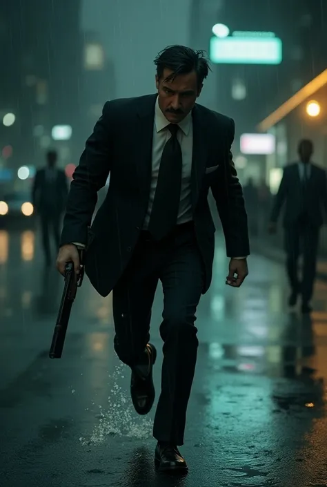 A guy in a suit on a rainy night looking like hes running with one hand on his right he has the gun in the other he has a 12 without holding the trigger of course