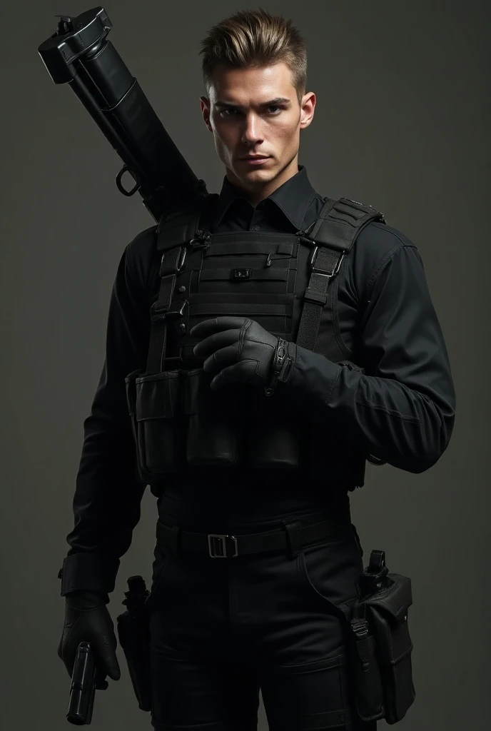 Handsome young man with white brown skin in black military clothes with a gun and a shotgun in his back 