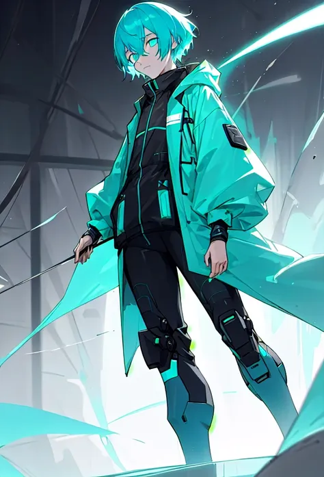 a guy emotionless face, short cyan hair, wearing techwear, scientist-like outfit, medium height, full length