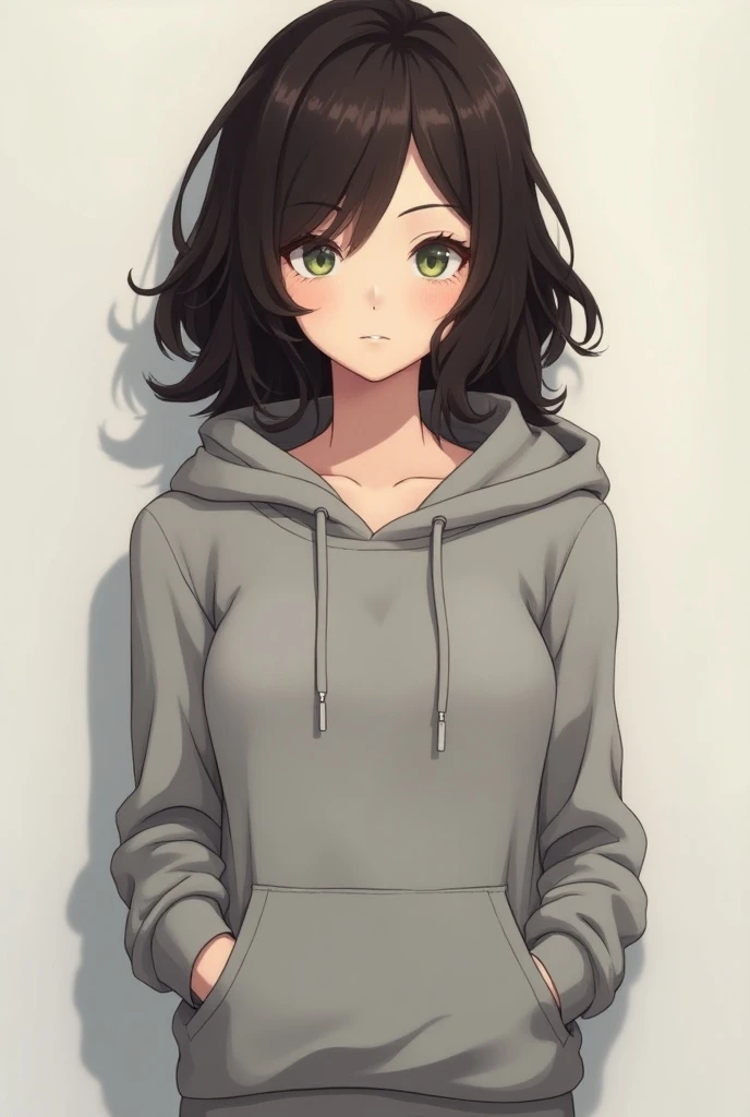 A female anime character in her late 20s, dark brown, shoulder length and wavy hair, green eyes and fair skin, toned and slender body. Shes wearing a grey hoodie. Sharp features.