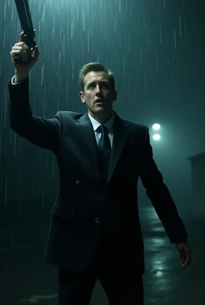 A guy in a suit on a foggy rainy night and hes alone, looking like hes running with one hand on his right, hes holding the gun in the other, hes holding a shotgun 