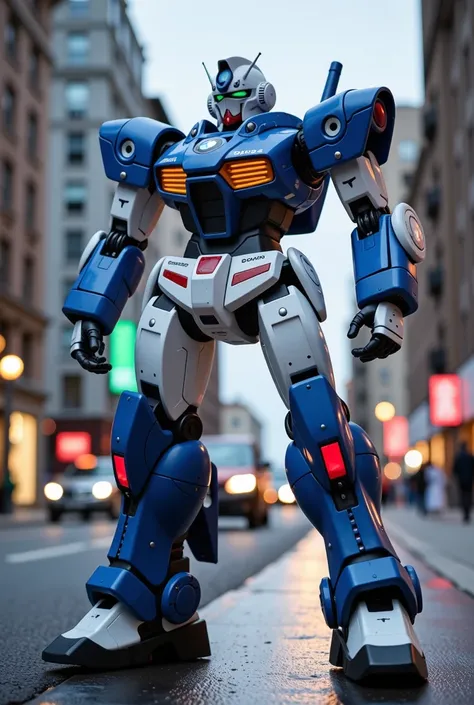 A blue and white BMW-inspired mecha with turbine engines in its arms and dynamic armor for switching between speed and combat. It features Dynamic Mode for aerial maneuvers and blasters or energy swords. Set in a futuristic city at dusk. Semi-realistic, hi...