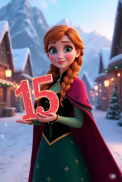 Create image of princess anna, in a disney pixar style, Christmas time, christmas, holidays, christmas clothes, holding a big number 15, in princess anna, disney character, disney 4D