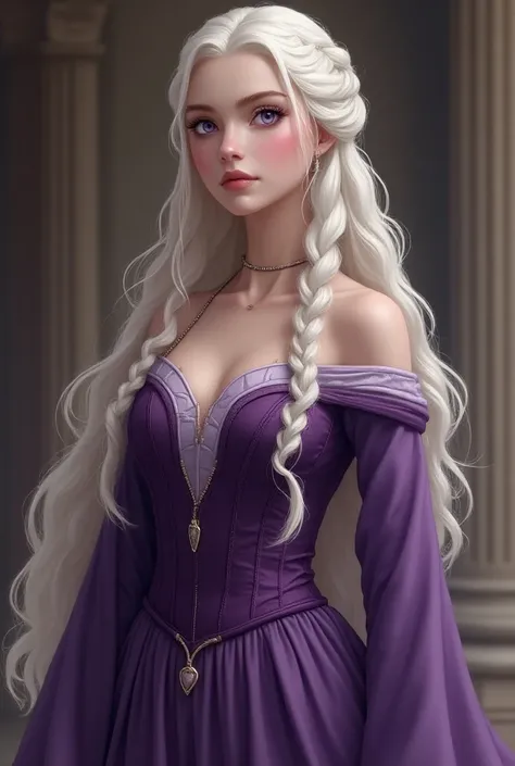 
A A highly detailed and realistic portrait of Jaehella Targaryen, a 16-year-old Targaryen princess with long, flowing white hair, violet-purple eyes, and fair skin. She has a graceful hourglass figure with a large chest, dressed in royal shades of purple,...