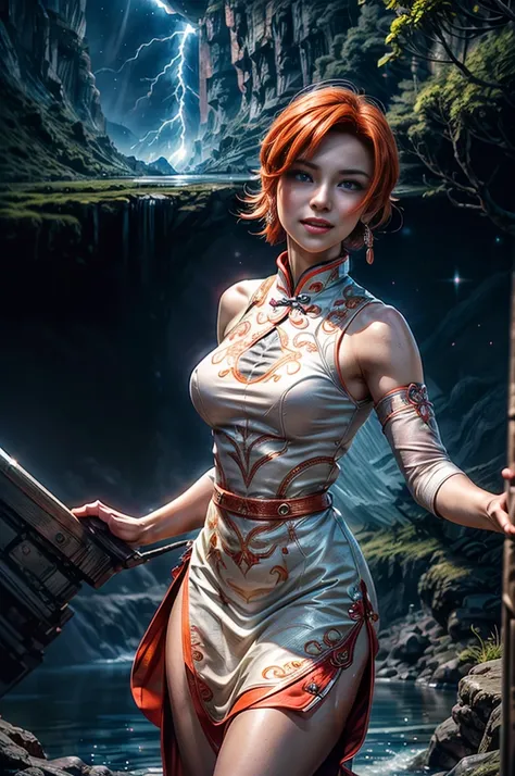 1girl,cowboy shot, dynamic pose, beautiful (nora_valkyrie), looking at viewer, smiling, lips, short hair, blue eyes, orange hair, hoop earring, wearing a dragon print qipao dress, black nail, night, stars, standing in cave entrance, waterfall, river, light...