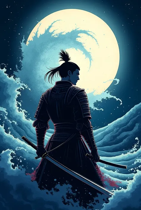 emblem, Male character samurai moon logo Resonating wave , Shock waves ,anime style 
