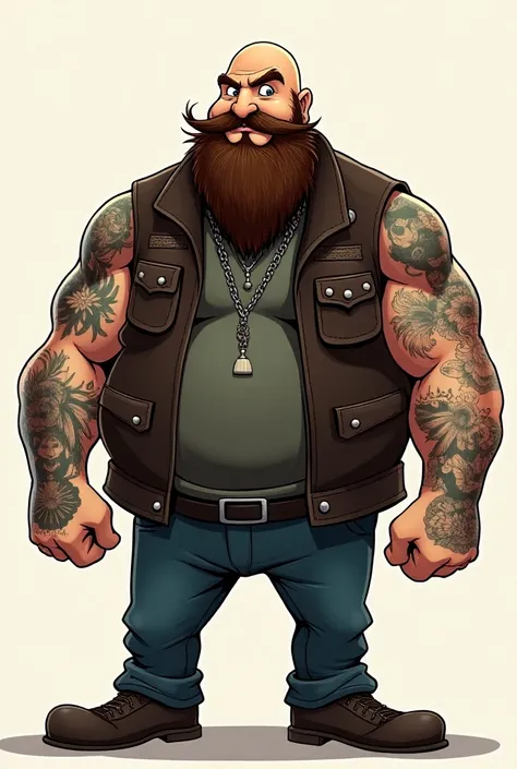 Create cartoon style fat bearded bald man in leather vest and tattoo artist 