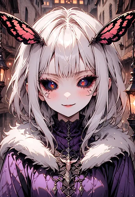 solo, female, close up, insect girl, mothman girl, black compound eyes, iridescent eyes, white-brown fur, silver hair, fluffy ha...