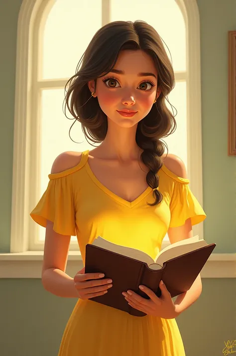 Disney pixar 
of a woman in a yellow dress and a bible