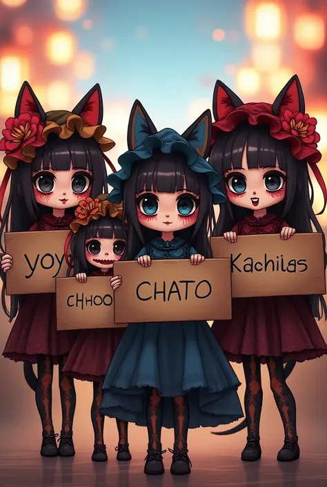 five beautiful girls dressed as catrinas and made up like a kawaii chibi style skull that each catrina has a sign in her hands with the text "Yoyis", another catrina with the text "Choco", another catrina with the text "chata", another catrina with the tex...