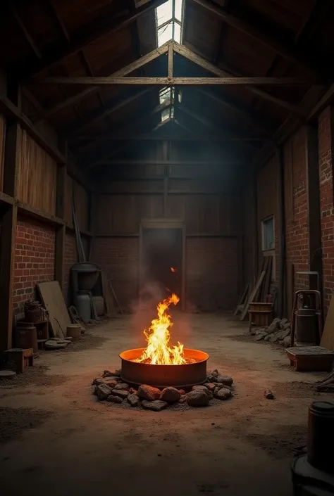 A large and spacious shed about 40 square meters ,  enclosed with dirty floors and a bonfire inside a barrel