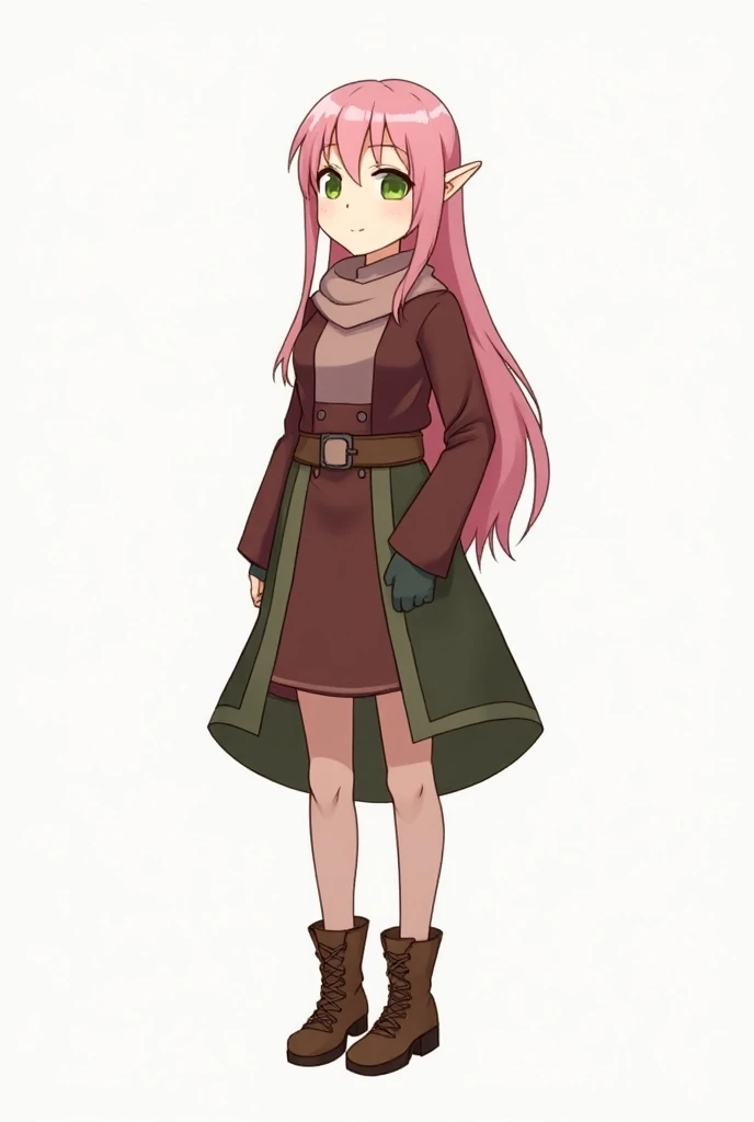 Full body, subject in semi-profile, 1 half-elf, woman, slightly pointed ears, small ears, pink hair, green eyes, slim, medium chest, nice legs, smiling, friendly, RPG clothes, rogue clothes, anime style, simple drawing, line drawing, anime, no background, ...