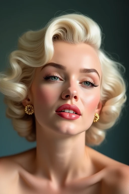 (8k, Top Quality, Masterpiece), (Real, Photorealistic), (Super Detail, Perfect Eyes), (High Detailed Face), (1 person photo),A color photograph of Marilyn Monroe. The photo captures her iconic beauty, with her blonde hair styled in soft waves and her makeu...