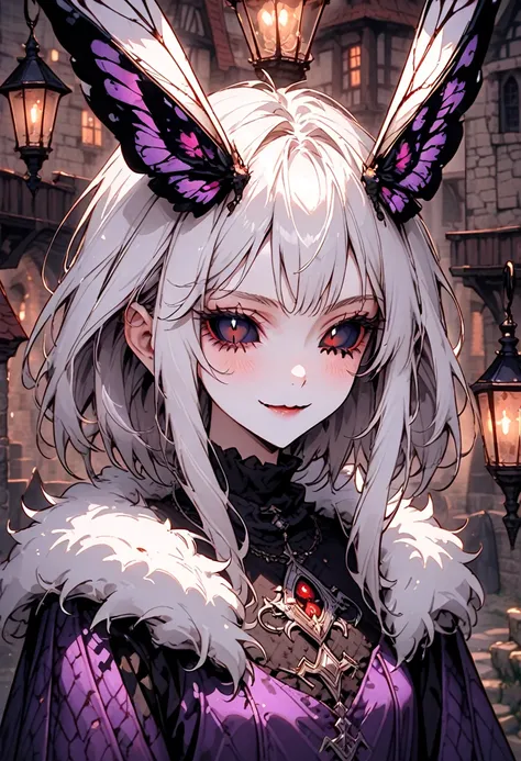 solo, female, close up, insect girl, mothman girl, black compound eyes, iridescent eyes, white-brown fur, silver hair, fluffy ha...