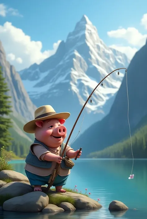 Make a pig fishing and mountains in the background 