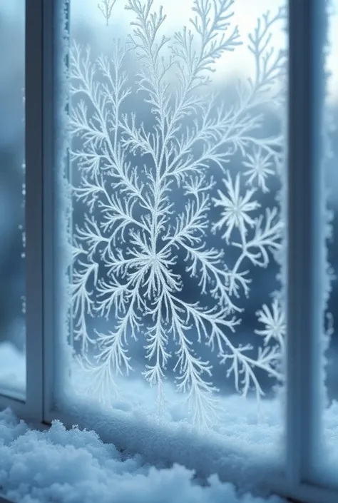  A close-up of frost flowers forming on a window Include a time-lapse effect showing the frost growing and creating beautiful patterns, with overlay text describing the phenomenon