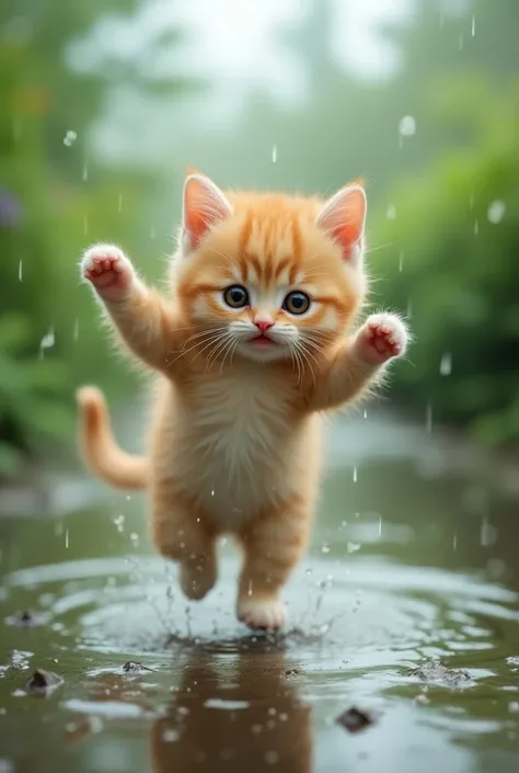 A kitten dancing in the rain
