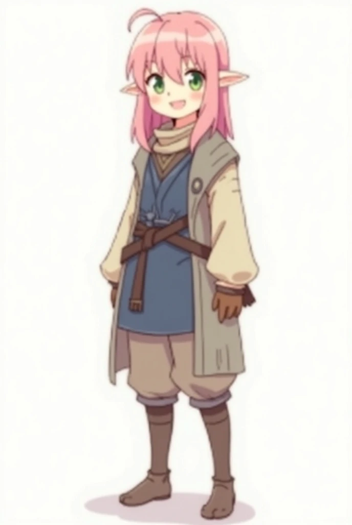 Full body, subject in semi-profile, 1 half-elf, woman, slightly pointed ears, small ears, pink hair, green eyes, slim, medium chest, nice legs, smiling, friendly, RPG clothes, rogue clothes, anime style, simple drawing, line drawing, anime, no background, ...