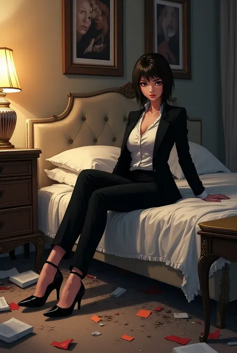 A sexy office lady sitting on her destroyed luxurious bed in a vandalized bedroom. Full view of the bedroom. Anime style.