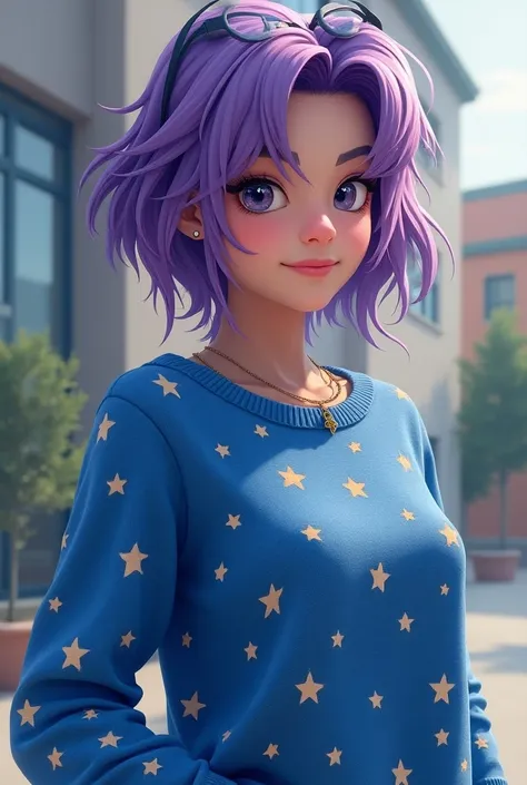 Shes a college girl with a purple hairstyle 。 and shes wearing a blue sweater 。 The sweater has a starry pattern。￼

￼