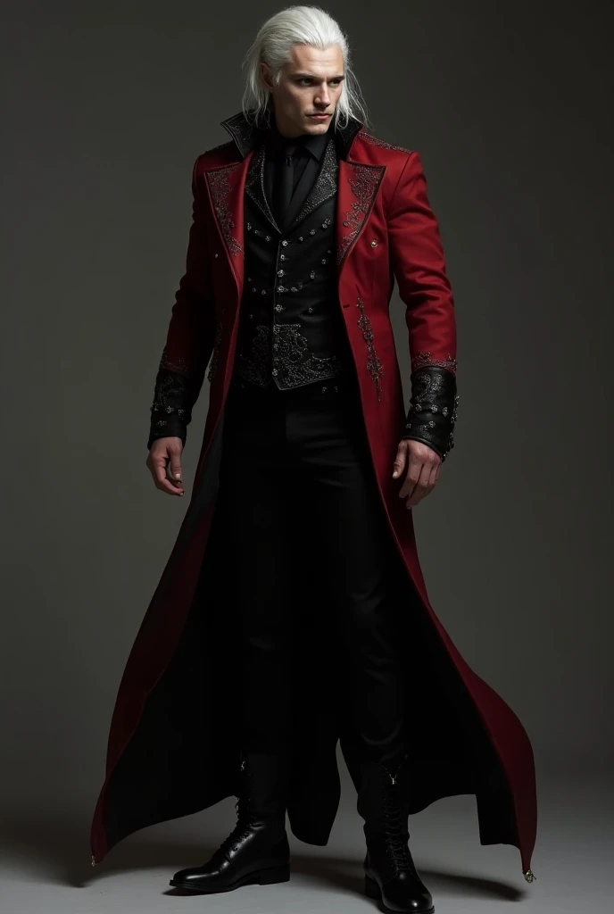  This vampire would have an elegant and imposing appearance ,  with features that highlight his nobility and the care for his clothing . His long jacket , at knee height,  would be deep red ,  with black sleeves adorned with subtle white details ,  that al...