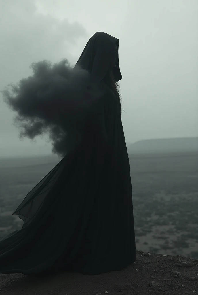 Woman dressed in black standing on a hill with a cloudy sky, Mysterious wastelands behind her, inspired by Grzegorzki, Hooded woman, surreal hooded figure, black and white artistic photo, shrouded figure, dark and ethereal, by Lucia Peka, Dramatic and atmo...