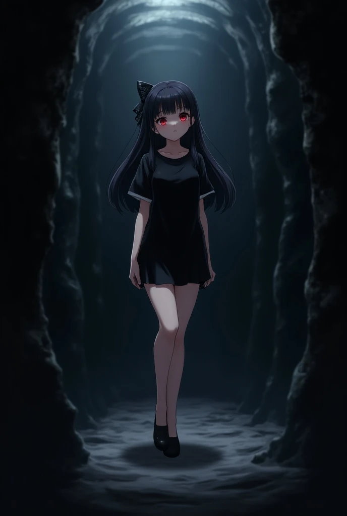 anime female character, long black hair with a black bow at the back, red eyes, fair skin, black t-shirt, black skirt, black high heels, 1.76m tall, background of deep darkness in catacombs --v 5 --style anime --ar 16:9