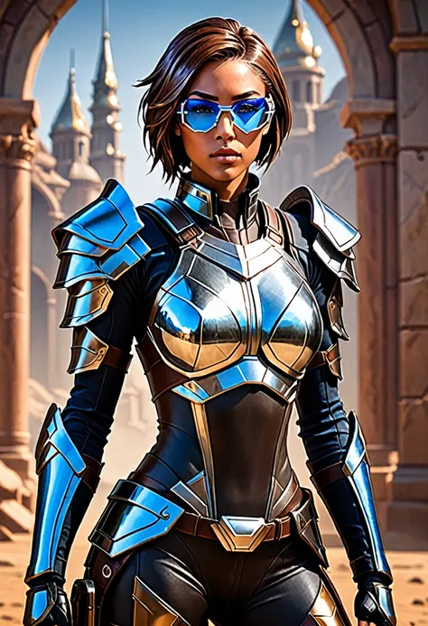  Leona is a futuristic warrior with short hair ,  in a dark brown tone with shaved sides ,  that contrasts with her technological glasses with mirrored lenses .  She wears tactical armor silver and blue metallic,  designed for agility and precision in comb...