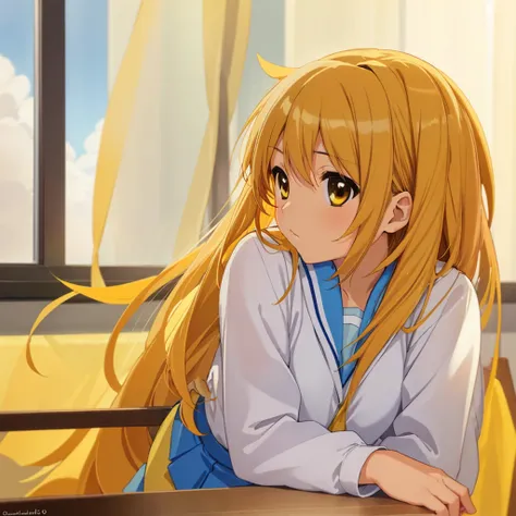  very detailed, High Resolution ,(masterpiece_1.0),(Best Quality_1.0),1 girl, Alone,Haruhi Suzumiya,  Cowboy Shots , Student Uniform,  yellow hair band, whole body,  is staring at viewers, Looking out by the window 