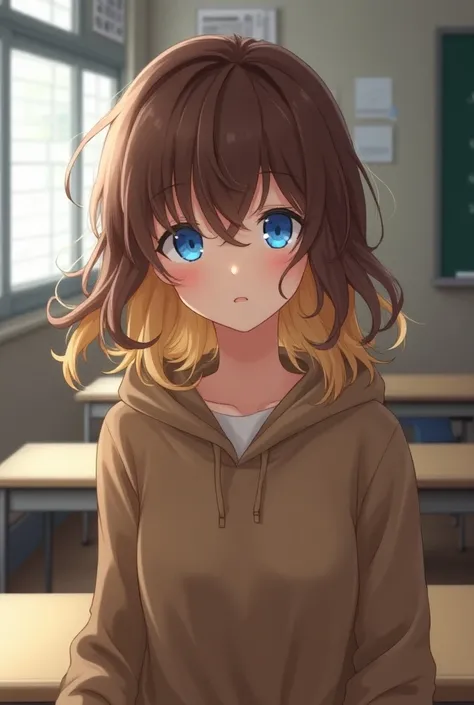  Capture of the anime Tokyo Revengers
Create a woman with blue eyes,  brown hair and blonde locks , Let it be wavy . Wear a brown hoodie ,  that there is a classroom in the background .