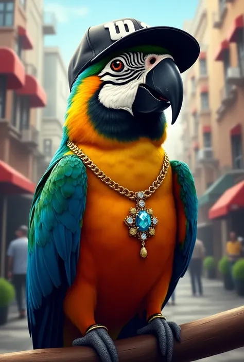 A parrot dressed in the clothes of a famous rapper from the United States 

