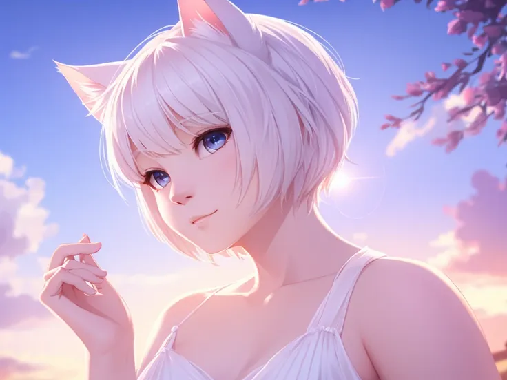 （4k，8k，best quality，meticulous details，delicate light，delicate short hair）cat，white hair，there&#39;a bit strange，black shorts，bi...