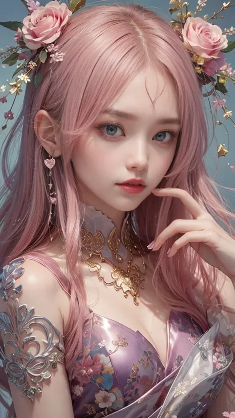 (masutepiece, of the highest quality, Best Quality, Official art, Beautiful and aesthetic:1.2), (1 Fantasy Girl), Extremely detailed, Glamorous Jewelry, long shapeless hair, (Fractal Art:1.3),Colorful,Highest detail.Express in the form of a heart、Ornaments...