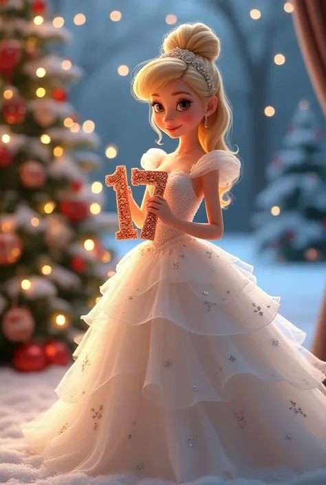 Create image of princess cinderella, in a disney pixar style, Christmas time, christmas, holidays, christmas clothes, holding a big number 17, in princess cinderella, disney character, disney 4D