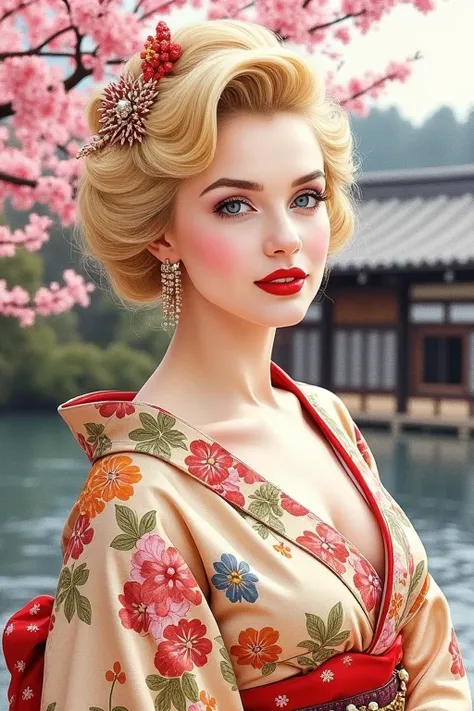 A watercolor painting of Marilyn Monroe imagined as a figure living in Edo-period Japan. Her iconic blonde hair is styled in an elegant traditional Japanese updo, with delicate hairpins and ornaments. She is wearing a beautifully ornate kimono with floral ...