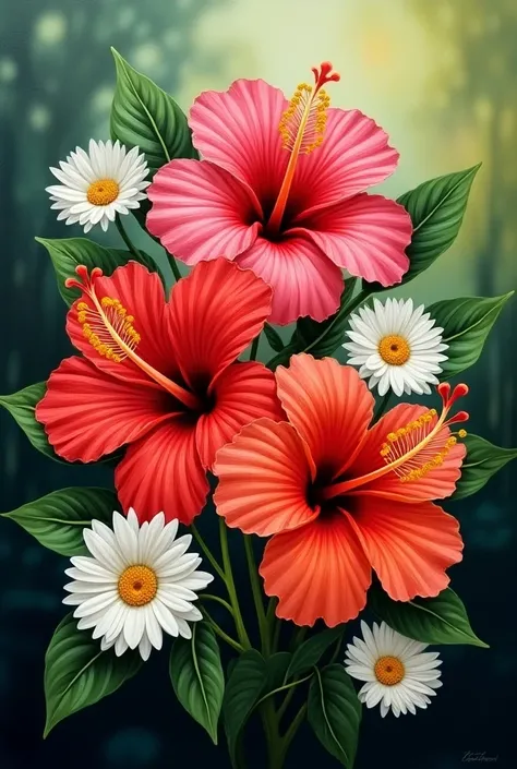 Create an oil painting with three hibiscus flowers along with daisies