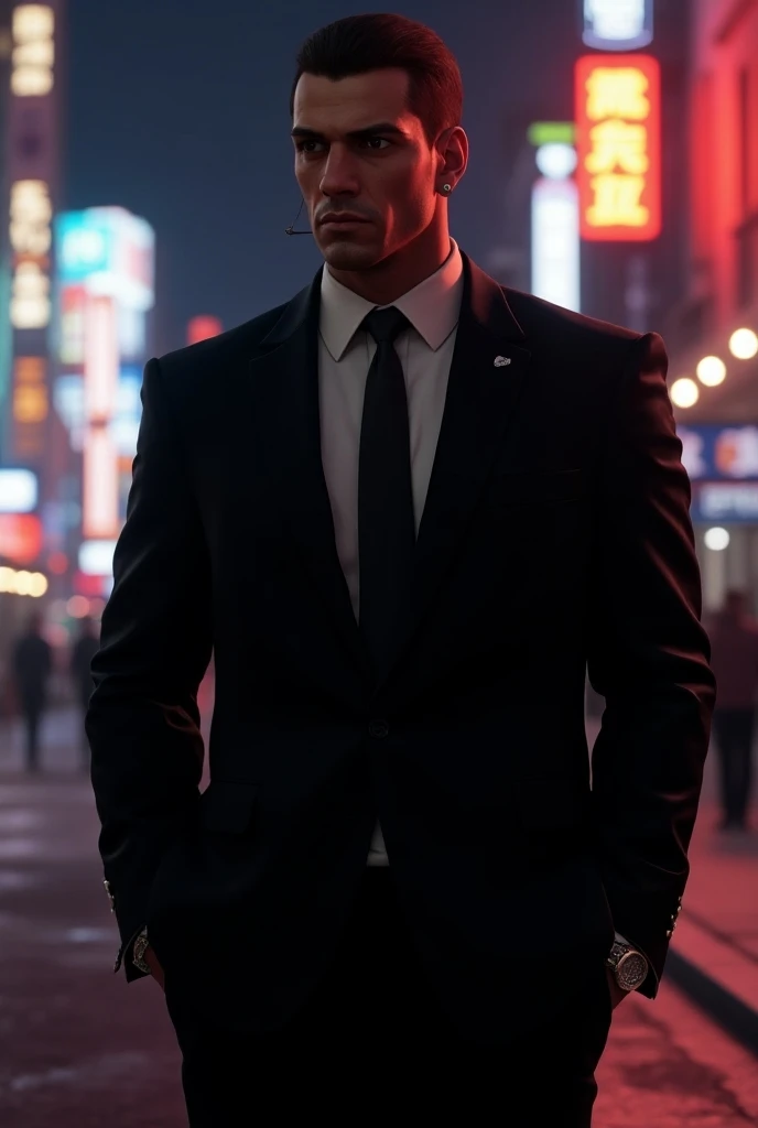 Create a GTA 5 character with a black suit and a prominent nose