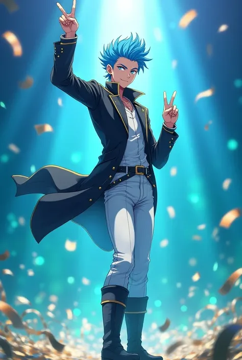 male、1 person、Cool sexy tall young man 、Bright protagonist face 、Bright blue hair、Short Hair、 hair is glossy 、 has hair standing very slightly upside down 、Light blue eyes 、Horizontally sharp eyes 、キラキラ眩しいmale性アイドル、 with a bright smile 、Singing with a micr...