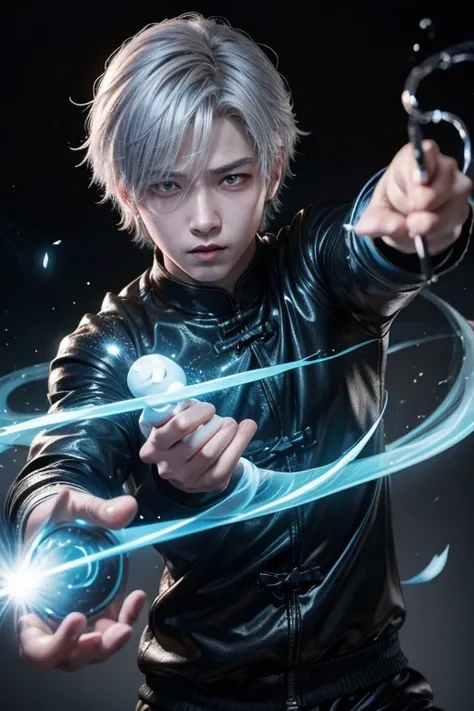 chinese boy fighting with magic against a ghost, silver hair, blindfold, anime style, ray tracing, masterpiece, best quality