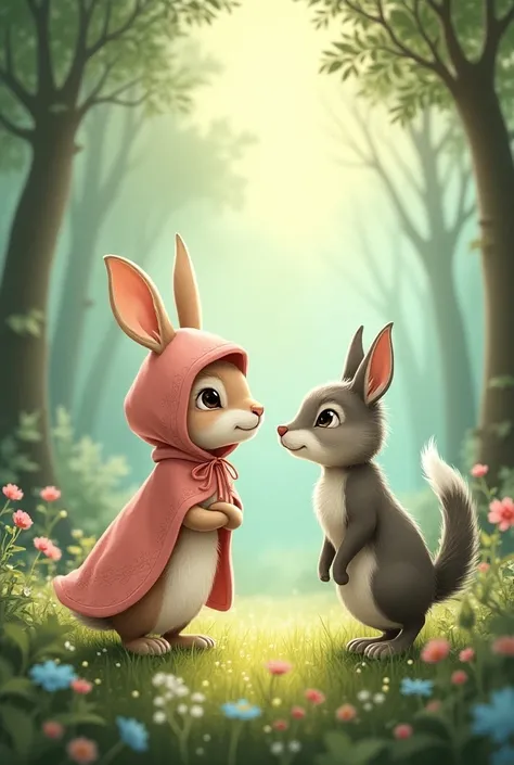 Create a watercolor fairytale image of Little Riding Hood version rabbit and the wolf in the woods