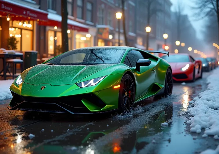 Masterpiece of luxury motorsport, 8k SUPER quality hyper realistic HD quality, 1.4, RAW, High resolution 1.4, rigorous RAW European winter with a lot of fog, minus 15 degrees Celsius, extremely cold night, with snow on the streets, spectacular and realisti...