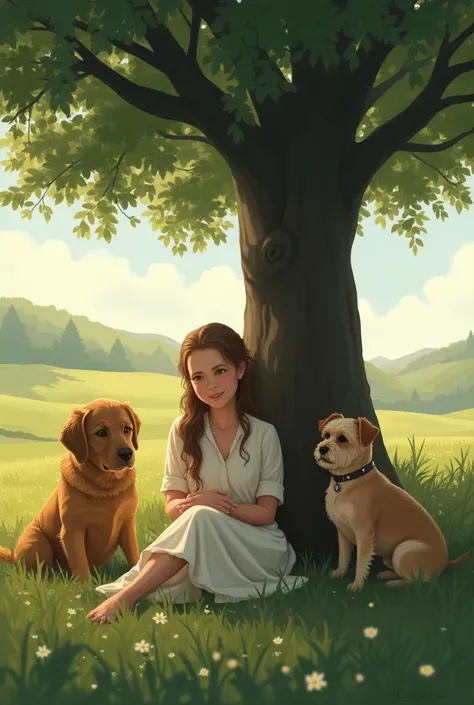  Create the image of a young Western woman, Healer sitting under a mulberry tree with her dog Golden ,  her Yorkshire dog and an  brown-haired boy