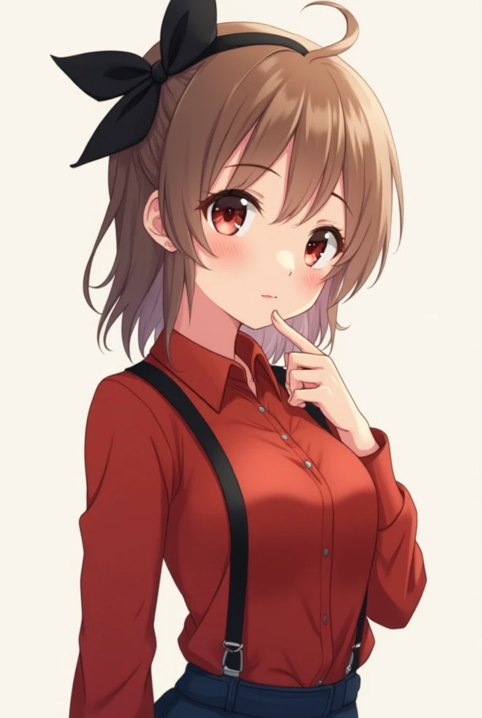 best quality, ame-chan, masterpiece, 1girl, solo, small breasts, cowboy shot, suspenders, red shirts, black ribbon