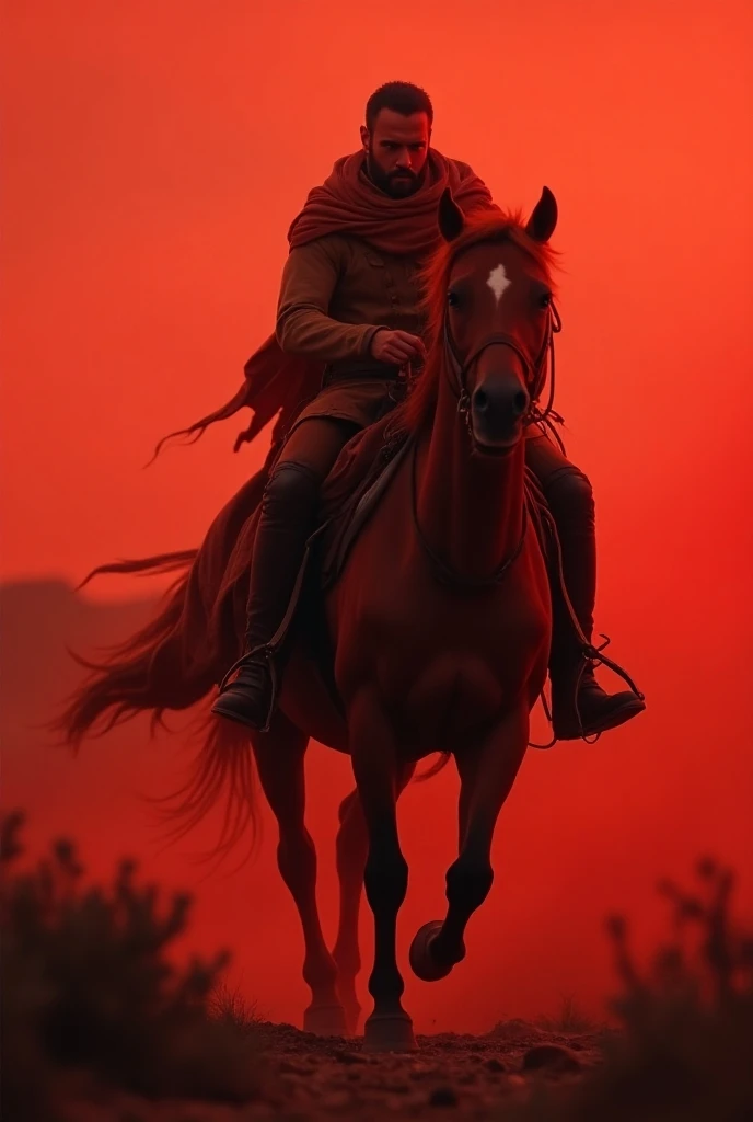 A messenger on a horse with a reddish filter 