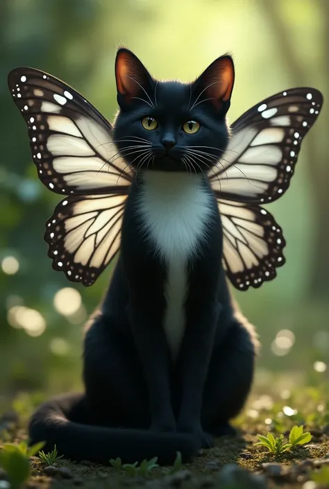 A beautiful black cat with white breasts that has butterfly wings