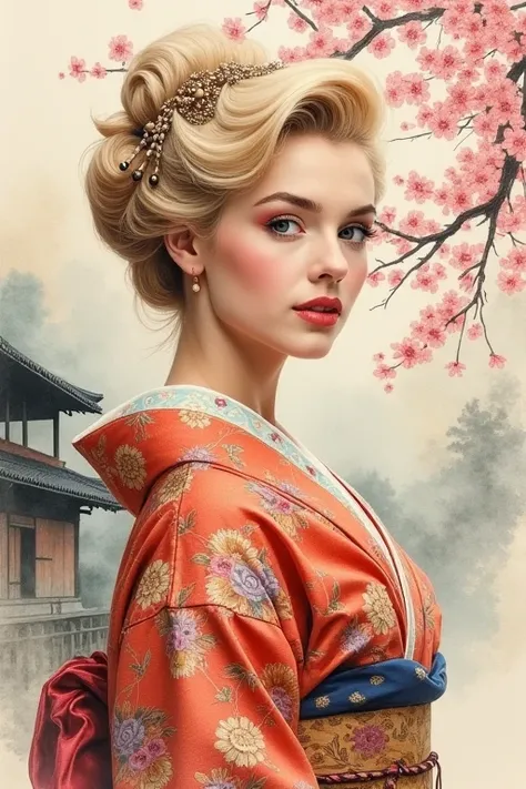 Watercolor、Old paper texture、Damaged Paper、Old style、Faded color、Thick Fog、composition、Golden Ratio、Functional、grace、 detail、background、Soft colors、Blurred Lines、Paintings from the Edo period、A watercolor painting of Marilyn Monroe imagined as a figure liv...