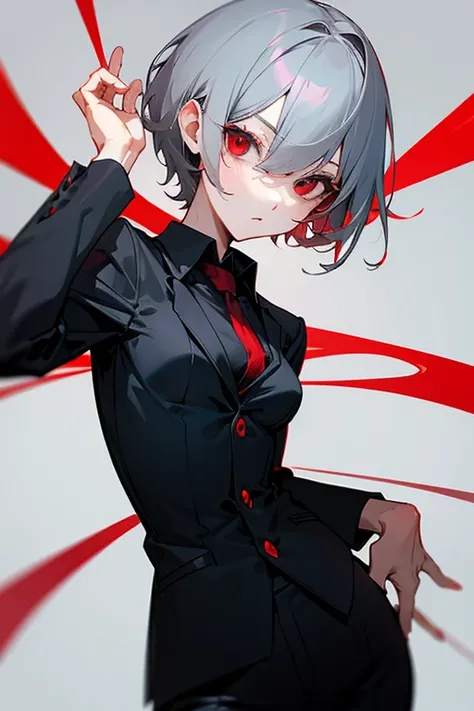 Gray Hair、Short Hair、Red Eye、Age 25、ish、cool、 black business suit 、Red shirt、Small breasts、Slender