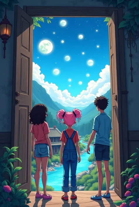 In manga style.  A teenager with two bunches on her head is opening a door to a magical attic , her hair is pink and its tied up and she wears a denim jumpsuit .  There are two other people with her :  a curly-haired teenager and a teenager who has straigh...