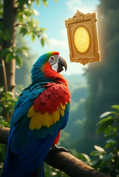 Multicolored macaw seeing a golden door in the sky