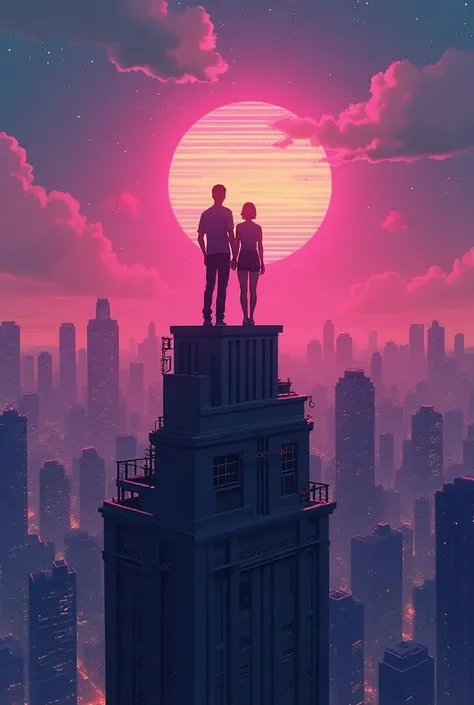 a couple of people standing on top of a building in a city, cyberpunk art inspired by Cyril Rolando, behance contest winner, magical realism, jen bartel, synthwave city, epic retrowave art, art deco outrun anime aesthestic, synthwave art style, retrowave e...